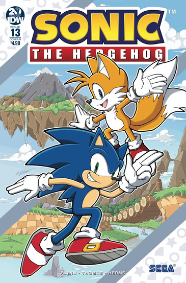 Cover of Sonic The Hedgehog #13 (Kieran Gates variant) Features large drawings of Sonic and Tails posing. Behind them is a drawing that looks like a Sonic level. There's some elevated ground with a checkerboard pattern, a log bridge, a waterfall, and a floating island in the distance.