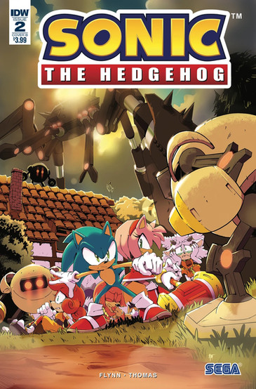 Cover of Sonic The Hedgehog #2 (Jennifer Hernandez variant) shows Sonic and Amy standing with their backs to each other. It looks like they're defending several villagers who are cowering behind them. There's a couple badniks around them. On a roof of a building behind them there's a third badnik. Towering overhead is a giant spider looking robot.
