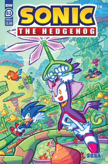Cover of Sonic The Hedgehog #63 (Reggie Graham variant) shows a scene that looks pulled from a video game. Sonic is sliding on a long green vine, Blaze is holding on to a spinning flower that is propelling her through the air. In the background is a forest of mushrooms. Different animals, chaos, and flying ships follow behind the heroes.