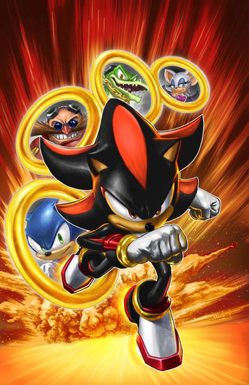 Cover of Sonic the Hedgehog #69 (Mico Suayan RE variant) has Shadow running away from an explosion. There are four big rings behind him. Inside each of them are portraits of different characters; Sonic, Dr Eggman, Vector, and Rouge.