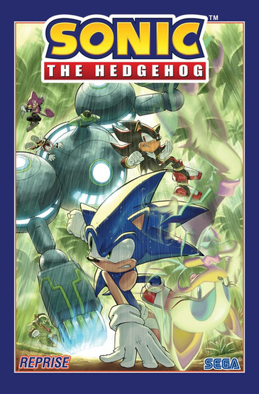 Cover of Sonic The Hedgehog Volume 21 has Sonic and Shadow evading a giant robot in a jungle. Meanwhile Charmy Bee, Espio, and Vector are trying to attack it from behind. A silhouette of Rouge is upside down on the right side of the cover.