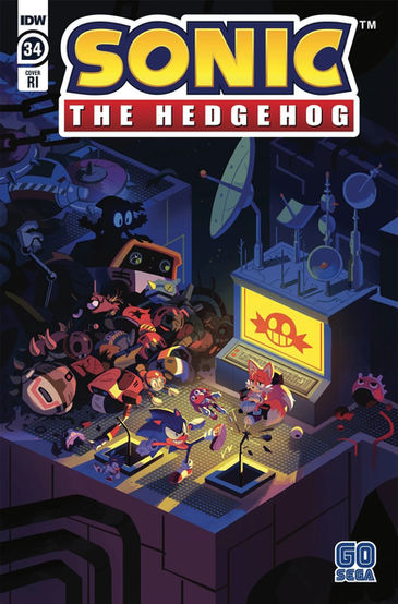 Cover of Sonic The Hedgehog #34 (Nathalie Fourdraine variant) shows Sonic and Tails hanging out around a pile of destroyed badniks. Tails is sitting on a chair in front of a computer. Sonic is kicking some sort of metal object extending out of the ground. There's a small figure of Knuckles that seems to have broken off the object. On the pile of badniks you can see the silhouette of Belle.