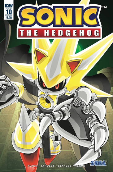 Cover of Sonic The Hedgehog #10 (Tracy Yardley variant) is a closeup drawing of Metal Sonic. However this time he is yellow, almost looking like Sonic when he goes Super Sonic. He has one claw held out toward the reader. The background looks like some ruins in a forest.
