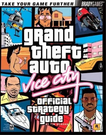 The cover is divided into several sections that has different pictures in each. There's portraits of four different characters, then there's pictures of different vehicles including a helicopter, motor bike, boat, and car. Three of the people are men in collared shirts, the last picture is of a woman in a bikini.