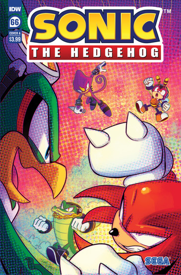 Cover of Sonic The Hedgehog #66 (Gigi Dutreix variant) shows a faceoff between Jet and Knuckles. Knuckles is winding up a punch to hit Jet. Behind Knuckles, you can see Vector on foot charging towards the fight. Espio and Charmy are in the air also heading towards Knuckles to aid him in his fight.