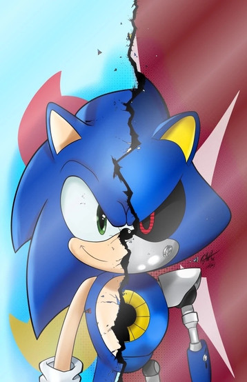Cover of Sonic The Hedgehog #1 (Andrew Gavarrete TomicArt Foil variant) has the cover split in half by a zig zagging black line that looks like the page is broken in half. On the left side is Sonic facing the reader standing in front of a light blue, red, and yellow background. On the right side is mirrored image of Metal Sonic standing in front of a dark red and white background. The page has light reflecting off of it from the foil and all the branding has been removed so it's just the art.