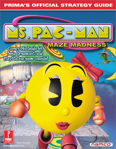 The cover features Ms Pacman running towards the reader on a path of stone blocks. Behind her is a giant green monster chewing at the blocks behind her.