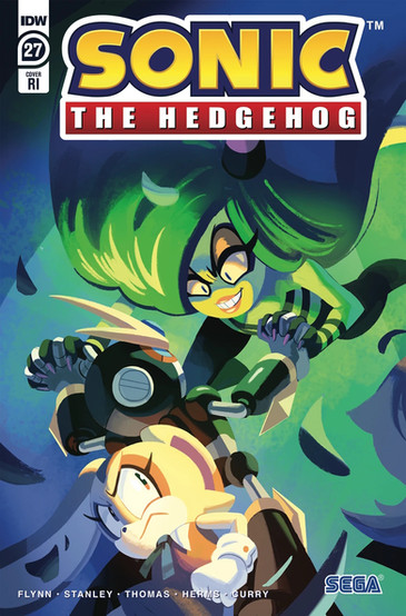 Cover of Sonic The Hedgehog #27 (Nathalie Fourdraine variant) shows Gemerl and Zeena with their hands clasped with each other in a show of strength, Gemerl seems to be protecting Cream who is crouched behind him.