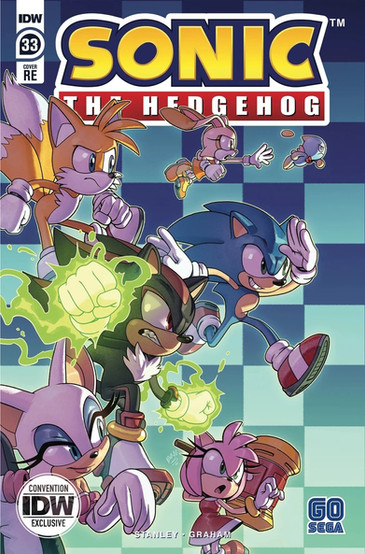 Cover of Sonic The Hedgehog #33 (Evan Stanley RE variant) shows several characters running to the right. Behind them is a checkerboard pattern featuring two different colors. On the cover is Sonic, Shadow, Amy, Rouge, Tails, Cream, and Cheese.