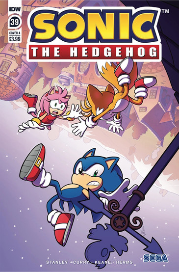 Cover of Sonic The Hedgehog #39 (Abby Bulmer variant) shows Sonic, Tails, and Amy falling, Sonic is reaching out towards a pole to try and grab on, Tails and Amy are reaching out to each other. The perspective is upside down though where there is a village at the top of the perspective, and the sky down below, almost like our heroes are falling away from the ground.