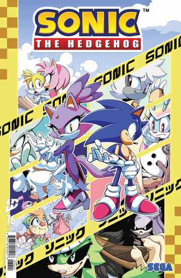 Cover of Sonic the Hedgehog #76 (Adam Bryce Thomas variant) features Sonic and and Blaze in the center. Behind them is several windows segmented by yellow lines, each window featuring one or more different Sonic characters. They include Tails, Amy, Clutch, Mimic, Silver, and more.