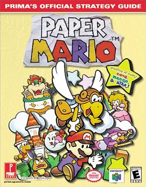The cover features drawings of several characters in the game against a yellow background. Front and center is a paratrooper holding on to Mario's hand while Mario looks down. Behind them there's a Boo hlding flowers, a goomba, a normal Koopa with a bandage on his face. Kamek on her broomstick flies nearby as well with different Mario objects like a star, a block, and Peach's castle. There's also clouds with a rainbow going across with Peach on the right side and Bowser in a small flying ship on the left.
