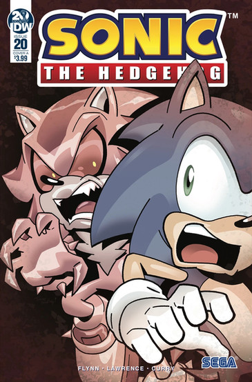 Cover of Sonic The Hedgehog #20 (Tracy Yardley variant) features a close up on Sonic being suddenly frightened. His eyes are darting over his shoulders while his one visible land is lifted like he's jumping a little from fear. Behind him is a faded red colored Sonic with big red eyes and sharp claws lunging at Sonic.