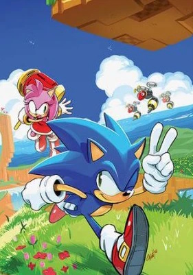 Cover of Sonic The Hedgehog #2 (Tyson Hesse virgin variant) features Sonic running over a grassy cliffside. Amy is jumping up behind him with her arm wrapped around herself holding her hammer. Three bee badniks are flying overhead. Sonic is winking and holding up two fingers. There is no other branding for Sonic or IDW on this cover.