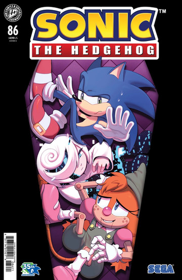 Cover of Sonic The Hedgehog #86 (Svenja Waschk variant) features a coffin shape over a black background. The background of the coffin shape is purple velvet looking diamonds. On top of the coffin is Belle, Sage, and Sonic all laying on top of each other with Belle on the bottom. Sonic and Sage are looking annoyed at Belle who is scratching her head with a guilty look on her face and a slight smile.