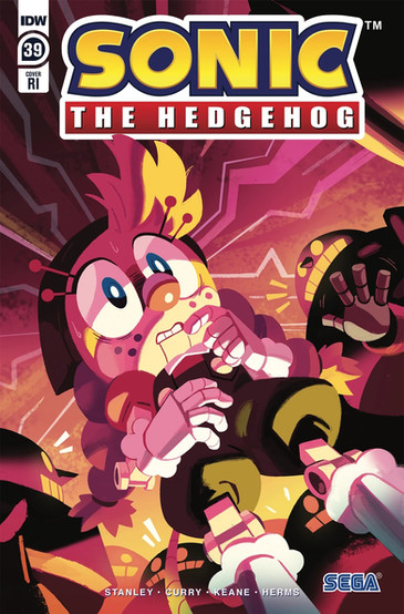 Cover of Sonic The Hedgehog #39 (Nathalie Fourdraine variant) is a drawing of Belle looking terrified, lines are drawn coming out of her head as if all senses are firing for her at once. She's surrounded by several robots.