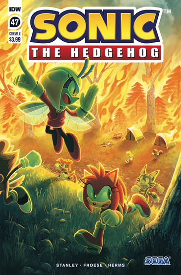 Cover of Sonic The Hedgehog #47 (Natalie Haines variant) shows Jewel directing people away from a campsite while a fire rages on in the forest behind them. Amy is the only main recognizable character in the crowd, but there's six shown running away.