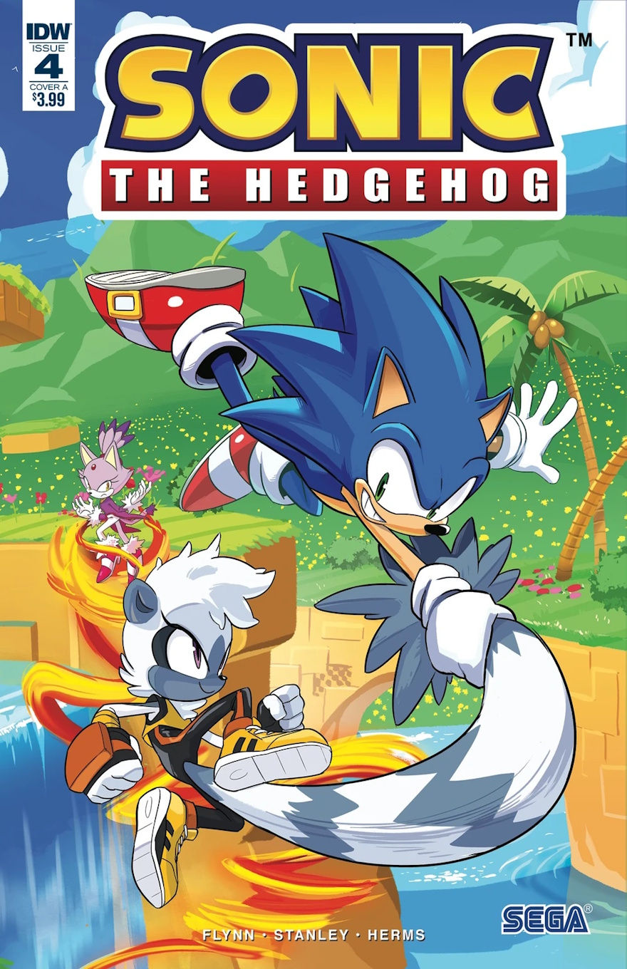 Cover of Sonic The Hedgehog #4 (Tyson Hesse variant) features Sonic front and center grabbing on to Tangle's tail as she spins in the air. In the background Blaze can be seen with fire swirling around her. They're in a mountainous area with everything covered in grass. Everybody seems to be in relatively good spirits, but Blaze looks annoyed.