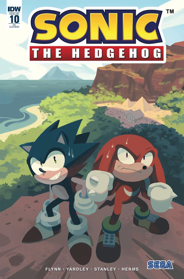 Cover of Sonic The Hedgehog #10 (Nathalie Fourdraine variant) shows Sonic and Knuckles standing on the edge of a cliff looking away from the drop. They both look terrified and it seems like they're looking up at something that is towering over them and casting its shadow on them.
