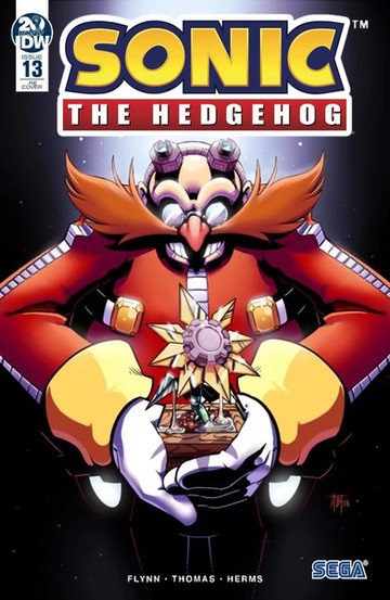 Cover of Sonic The Hedgehog #13 (Adam Bryce Thomas RE variant) shows a large drawing of Dr Eggman. He's holding some sort of flower that looks to be made out of metal and has water dripping off of it. He has an evil grin on his face as he looks down at the flower.