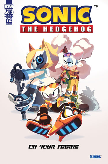Cover of Sonic the Hedgehog #72 (Nathalie Fourdraine variant) is a white background with the three characters from the Diamond Cutters on it. Whisper is standing to the left with her mask on. Tangle is sitting in front with a mischievous grin on her face. Lastly Lanolin is standing on the fight looking bored.
