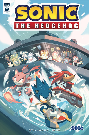 Cover of Sonic The Hedgehog #9 (Nathalie Fourdraine variant) shows a giant ship being driven by Tails. Inside the ship you can see Espio, Charmy, Vector, Tangle, Silver, Amy, Cream, Cheese, Gemerl, Omega, Rouge, Shadow, and several wisps all looking out the window. On the front of the ship there's a painting of Sonic and Knuckles on extreme gears and Rouge flying with fire coming out of her hands. They all seem to be on water.