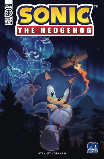 Cover of Sonic The Hedgehog #33 (Evan Stanley variant) shows Sonic running in the middle of the air. The bacvkground shows some mountains and a forest. Above him you can see a plane flying in the night sky, and in the stars you can see translucent drawings of Amy and Rouge.