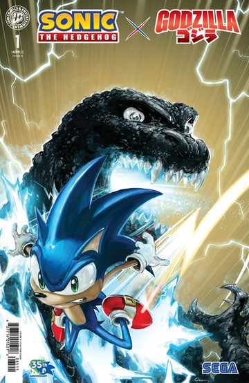 Cover of Sonic the Hedgehog X Godzilla #1 (Clayton Crain variant) features Sonic falling from the sky with Godzilla behind him with light emanating from its mouth. Lightning strikes can be seen in the sky behind them. Behind Sonic is a yellow beam and blue light surrounds him.