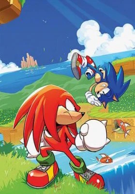 Cover of Sonic The Hedgehog #3 (Tyson Hesse virgin variant) has Sonic jumping off a grassy cliff that Knuckles is standing on. Sonic is upside down and is waving at Knuckles while smiling as grass falls from his shoe. There are robot fish in the water that are eyeing Sonic, one of them jumping at him with its jaws open. Knuckles is looking back over his shoulder looking frustrated at Sonic. There is no branding for Sonic or IDW present on the cover.