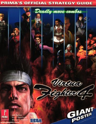 The cover has the main character in the bottom left looking towards the reader. Behind him are flames. Next to him is the logo for "Virtua Fighter 4". The top half of the cover is divided into 9 columns. In each column it features one or two characters each posing.