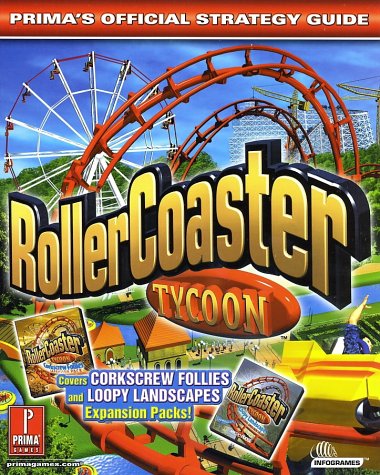The cover has the RollerCoaster Tycoon logo. Directly behind it is a red rollercoaster track with a cart going by and a person has their hands in the air. Underneath you can see the queue for the line and some water rafts. Behind the coaster is a ferris wheel and anotehr rollercoaster being built with two cranes.