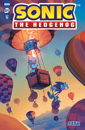Cover of Sonic The Hedgehog #64 (Nathalie Fourdraine variant) has several hot air balloons floating in the sky. Blaze is in one holding her hand up and providing flames to the balloon to keep it airborne. Sonic is standing on one of the bags of sand held off the side of the balloon with his hand to his forehead looking off into the distance.