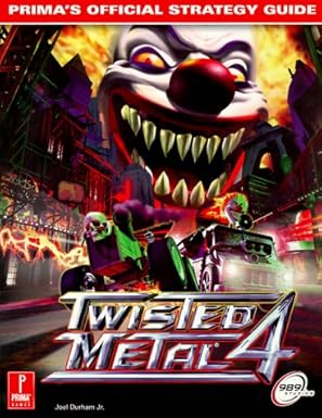 The cover shows two cars driving down a raod. One of them has a skull on the front, the other is an ice cream truck with a clown head on top with its hair on fire. On either side of the road are buildings towering over them. Overhead in the sky is a giant clown's head grinning with sharp teeth and fire for hair.