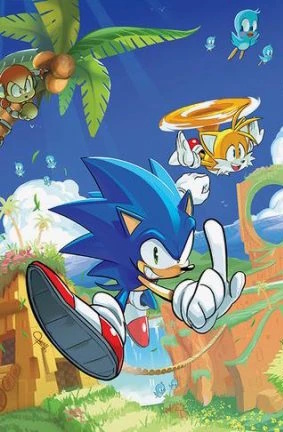 Cover of Sonic The Hedgehog #1 (Tyson Hesse virgin variant) features Sonic jumping in the air with a hand extended forwards holding up one finger. Tails flies just overhead. Both of them seem to be in good spirits with birds flying by on a sunny day. The background has grassy cliffsides and a loop like a classic Sonic level. There's a Badnik monkey in a nearby tree who seems angry and is holding a coconut in his hand while looking at Sonic. All the branding has been removed so it's just the art.