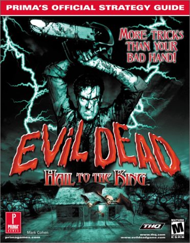 The cover features a portrait of Ash, the main character from Evil Dead. He's holding a chainsaw above his head as he snarls at the camera and blood drips down his face. There is lightning striking around him. Under the portrait is the cabin in the forest from the first movie.