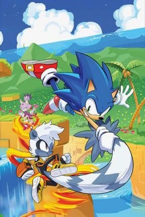 Cover of Sonic The Hedgehog #4 (Tyson Hesse virgin variant) features Sonic front and center grabbing on to Tangle's tail as she spins in the air. In the background Blaze can be seen with fire swirling around her. They're in a mountainous area with everything covered in grass. Everybody seems to be in relatively good spirits, but Blaze looks annoyed. There is no branding for Sonic the Hedgehog or the publisher on the cover.