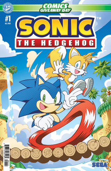 Cover of Sonic The Hedgehog #1 (Tracy Yardley CGD 2026 variant) features Sonic running across a log bridge while waving to the reader. Tails is flying just above Sonic and is also looking at the reader. The background has different cliffsides on either side of the river that Sonic and Tails are crossing. Along the top is a green banner that has the text "Comics Giveaway Day" on it.