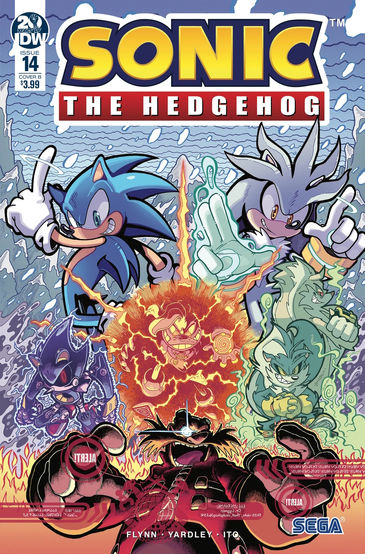 Cover of Sonic The Hedgehog #14 (Jonathan Gray variant) has Dr Starline in the middle of the page with his hand stretched out and an evil grin while he's surrounded by an orange glow. Beams of light are coming off of him. Several characters surround him. Top row is Sonic and Silver both posing. Underneath them Metal Sonic on one side, then Rough and Tumble on the other. Along the bottom is Dr Eggman maniacally laughing with flames around him.