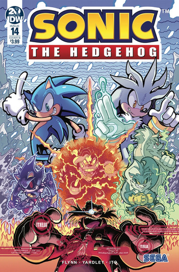 Cover of Sonic The Hedgehog #14 (Jonathan Gray variant) has Dr Starline in the middle of the page with his hand stretched out and an evil grin while he's surrounded by an orange glow. Beams of light are coming off of him. Several characters surround him. Top row is Sonic and Silver both posing. Underneath them Metal Sonic on one side, then Rough and Tumble on the other. Along the bottom is Dr Eggman maniacally laughing with flames around him.