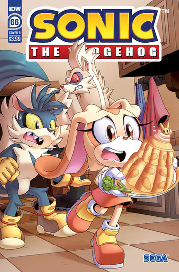 Cover of Sonic The Hedgehog #66 (Abigail Oz variant) has Cream running from Rough and Tumble in a kitchen while holding some sort of dessert. Cream looks scared and the dessert seems to be sliding forward off the plate. Rough looks surprised and maybe slightly concerned, while Tumble looks angry.