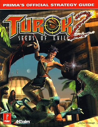 The cover features a man with a headband that has a red jewel on it, some form of cloth armor piece wrapped around his front, and holding a blade in one hand and a gun in the other, pointing it at a dinosaur while he's standing on top of another dinosaur.