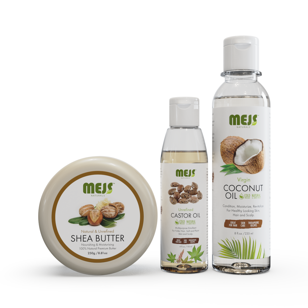 MEJS Naturals Coconut Oil 8 ml, Shea Butter 250 g and Castor Oil 4 ml Bundle