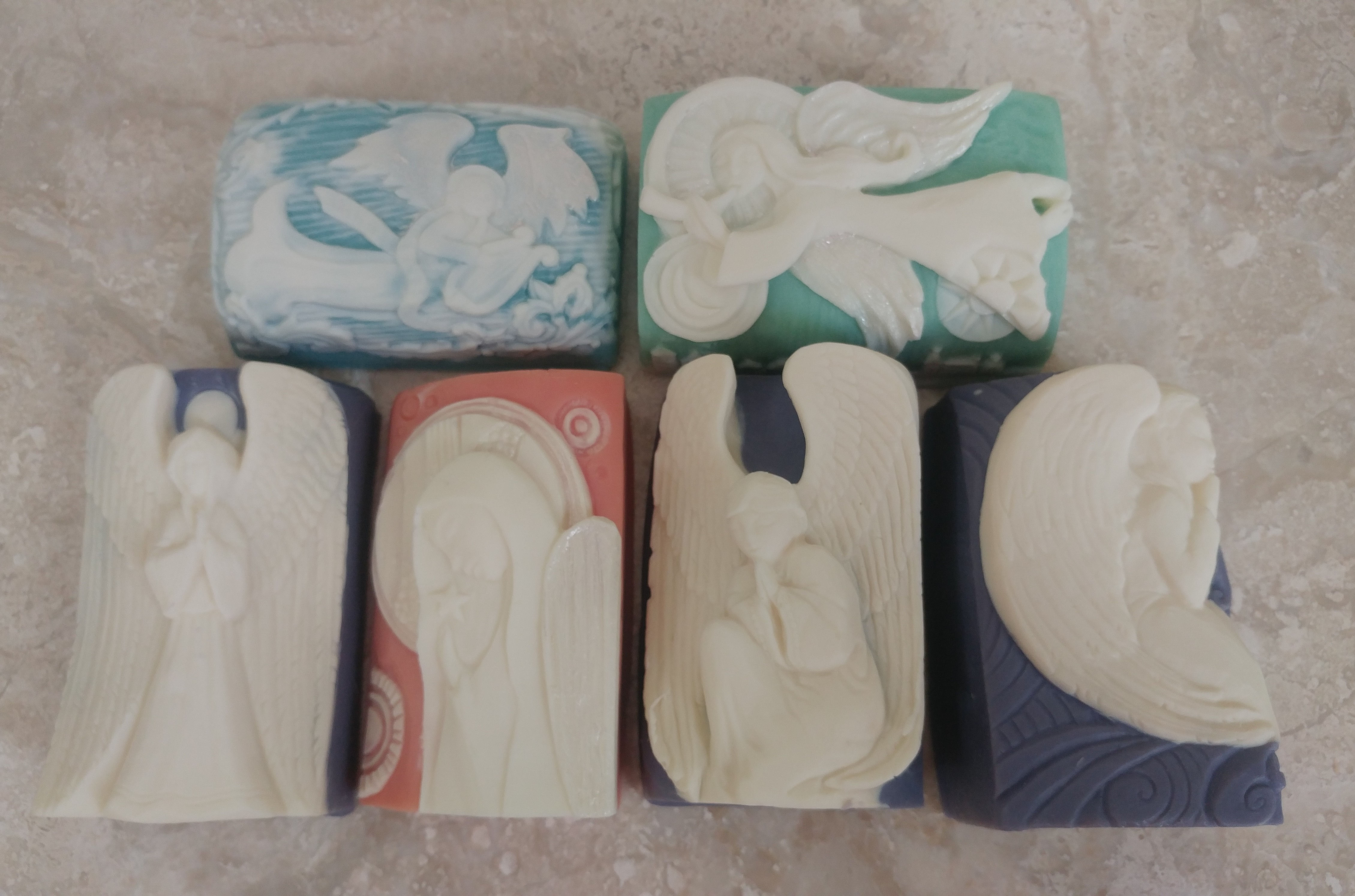 6 bars of soap showing different angels