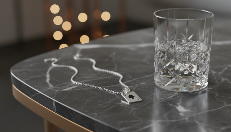 Eye-level view of a small spade necklace resting beside a glass on a lounge table.