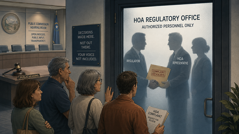 Nevada HOA owners excluded from a closed-door regulatory process while a complaint is privately resolved inside an HOA regulatory office and the public Commission hearing room sits unused.