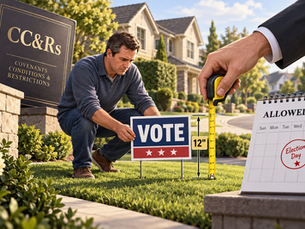 Illustration of a Nevada homeowner placing a tiny political sign while HOA restrictions limit its size and timing, with lawmakers playing HOA Whack-a-Mole in the background.
