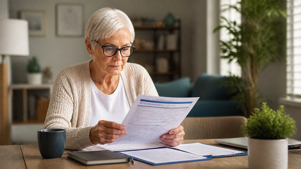 Older woman reviewing health insurance paperwork at home