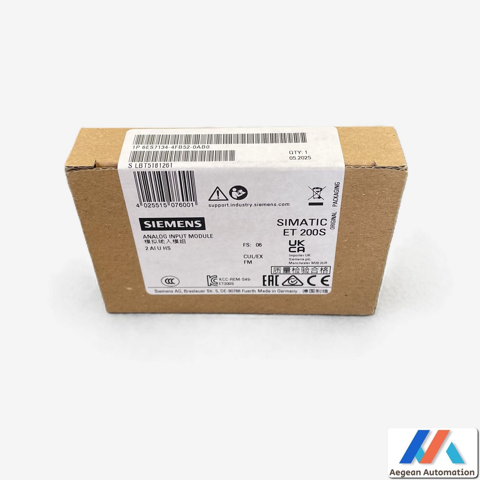 Siemens 6ES7134-4FB52-0AB0 sealed package top label and seal visible