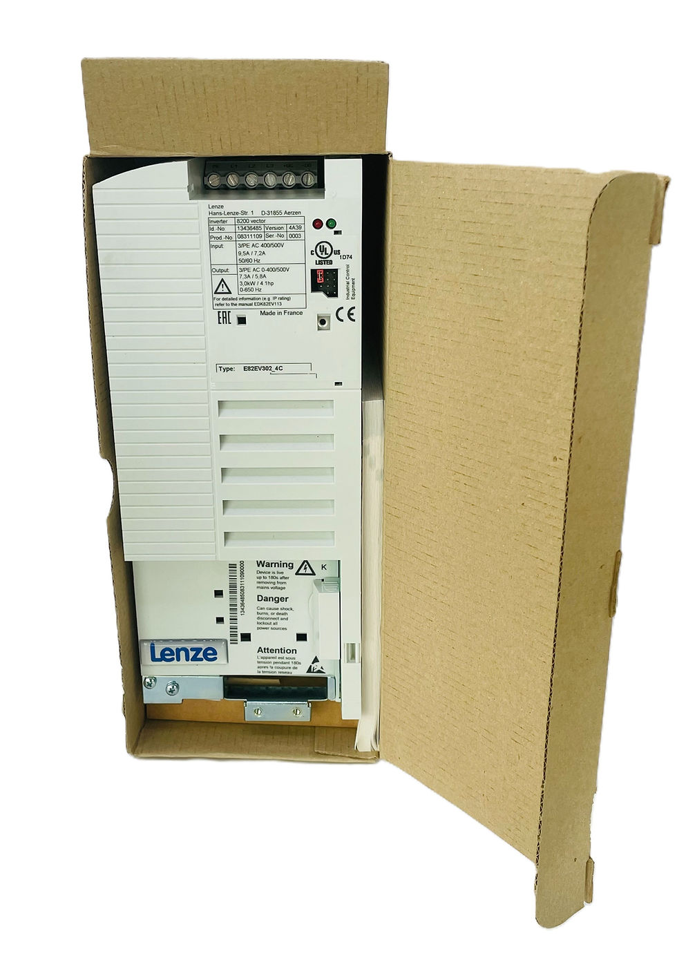 Thumbnail: Lenze E82EV302K4C 13436485 boxed product showing product label