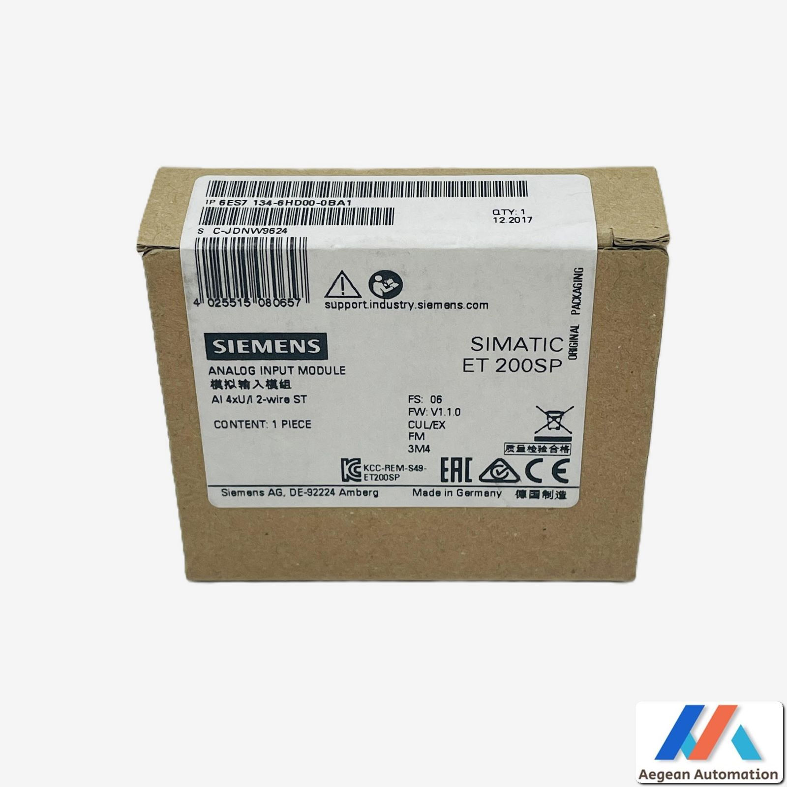 Siemens 6ES7134-6HD00-0BA1 sealed package top label and seal visible